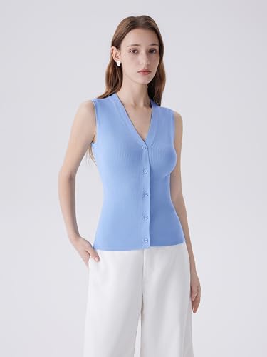 Image of SUUKSESS Women Sleeveless Sweater Tops Summer V Neck Button Down Vest Tops Business Casual Work Shirts