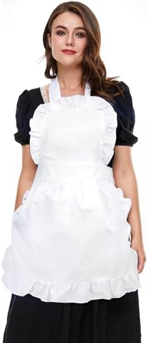 Tablier de cuisine à volants style soubrette rétro en coton blanc