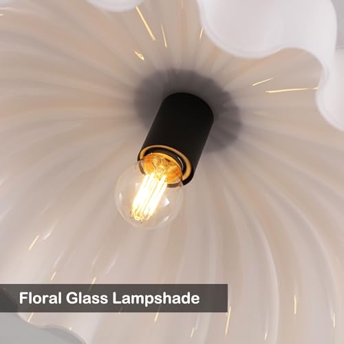 Image of 15.7 inch Vintage Modern Black Chandelier with Floral Milk White Glass Shades, Adjustable Height Pendant Light for Kitchen Island, Dining Room, Bedroom