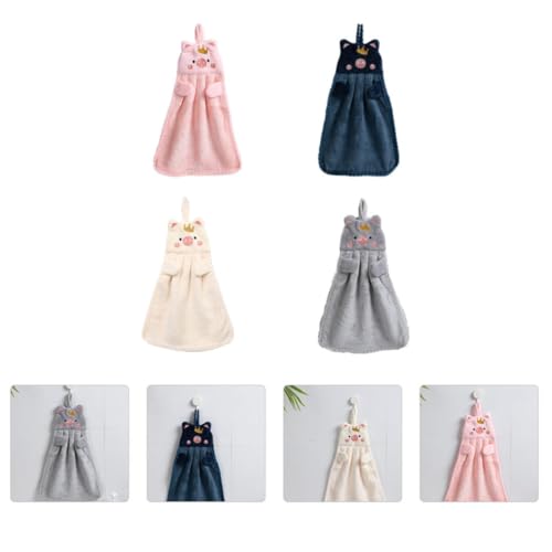 Toallas de mano de coral fleece súper absorbentes con bordado de cerdito y lazo para colgar, 4 ud 8