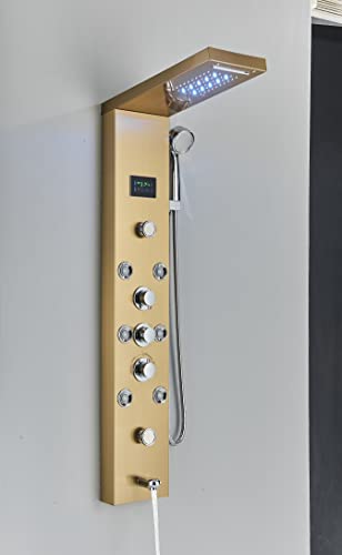 Hbronzeshower Hydromassage-Duschsäule mit 5 Wasserauslässen, LCD-Display, Duschsäule mit Duschkopf und Handbrause, goldfarben gebürstet Cover