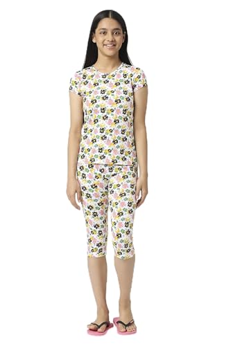 Image of SINI MINI Round Neck with Half Sleeve Top & Capri Beige Girls Casual Pack of 1 Night Suit Set