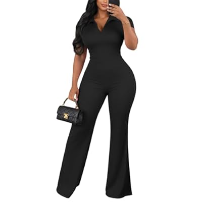 Two Piece Sets For Women Ribbed Short Sleeve V Neck Polo Top Wide Leg Pants Set Casual Tracksuit 2 Piece Outfits