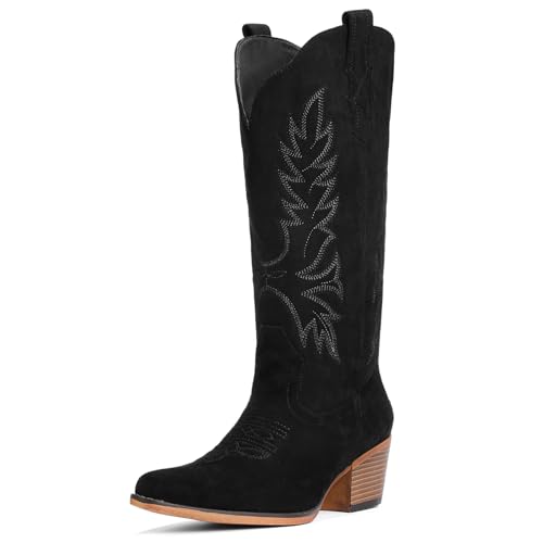 Image of Suede Cowboy Boots for Women Mid Calf Western Cowgirl Boots | Retro Embroidered Snip Toe Chunky Heel Western Boot for Country Concert Music Festival Cowboy Chic
