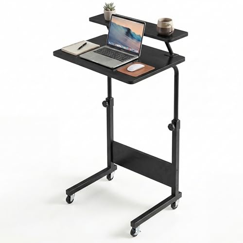 YITAHOME Mobilfunk Schreibtisch mit Rollen Tragbarer Home Office Computertische Laptoptisch Beistelltisch Höhenverstellbar mit Aufbewahrungsregal Stehpult Beistelltisch Rollen Schwarz