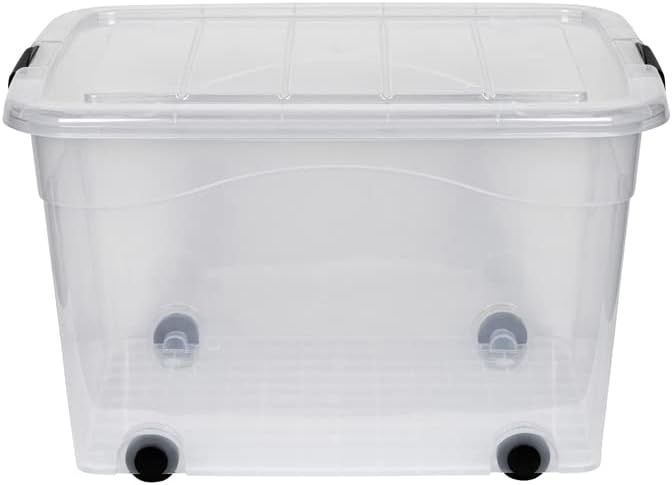 Storage boxes with lids and wheels. Clear design. Made of durable plastic. Available in various sizes. (100 litres)
