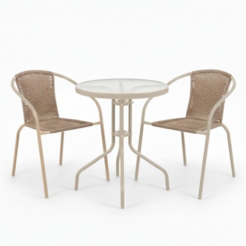 LOLAhome Conjunto Jardín Exterior Mesa y 2 Sillas | Mesa Cristal Templado Ø60cm| 2 Sillones Ratan Beige, apilables | Pintura Epoxi Anticorrosión, Resistente y Duradero | Balcón, Terraza | Trivia