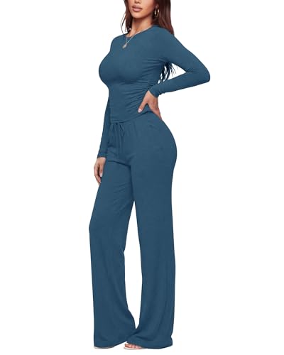 Image of ZOOSIXX Lounge Sets for Women - 2 Piece Outfits Crop Tops with Fold Over Flare Leggings Fall Loungewear Fitted Pajama