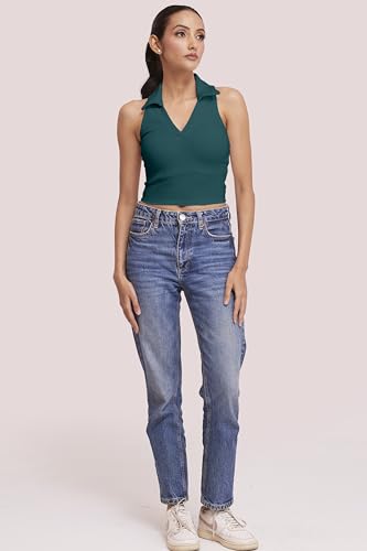 Image of BERRY BIRD Stylish Sleeveless V-Neck Slim Fit Collar Ribbed Knit Tank Crop Tops for Women & Girls Beach and Gym Wear and Western Trendy Fashion
