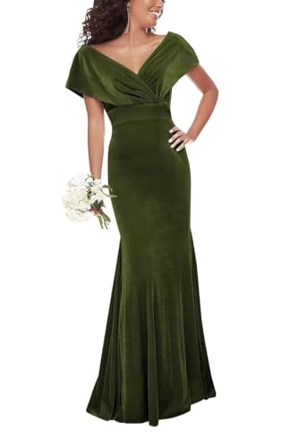 Wchecalino Women's Velvet Bridesmaid Dresses Long Mermaid Wrap Off The Shoulder Formal Evening Party Dress