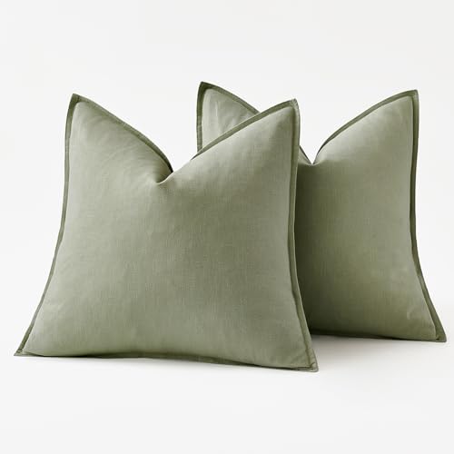 Image of MIULEE Decorative Linen Euro Sham Pillow Covers 22x22 Inch Sage Green Boho Farmhouse Neutral Spring Couch Throw Pillows for Bed Pack of 2 Accent Modern Pillowcase Summer Sofa Livingroom Home Decor