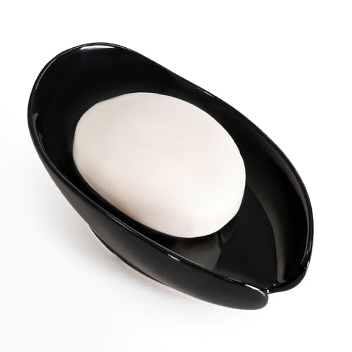 Soap Dish, Self Draining Soap Holder, Leaf Shape Ceramic Bar Soap Holder Drain Soap Dishes for Bathroom Sink Kitchen, Easy to Clean, Keeps Soap Dry, Black, ANTIS'S HOME Black-1pcs-enhanced D
