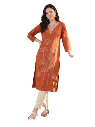 Image of INDO ERA Women Viscose Rayon Straight Fit Straight Floral Embroidered Kurtas