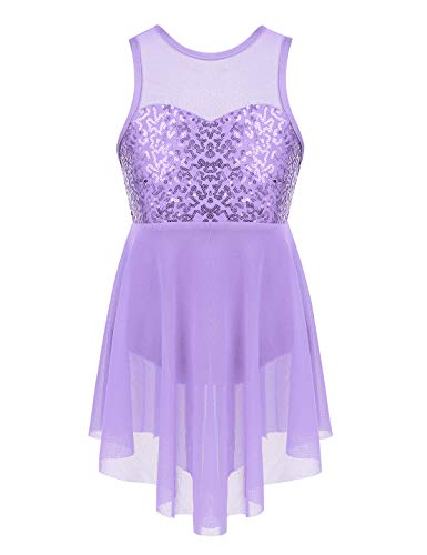 ACSUSS Kids Girls Shiny Sequins Ballet Dance Tutu Dress Tank Top Leotard Lyrical Latin Jazz Modern High Low Dance Dress Lavender 14