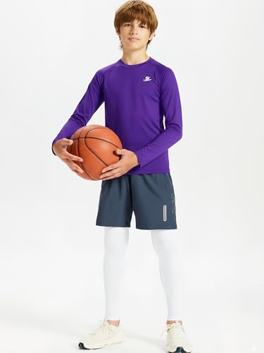 Image of DEVOROPA Youth Boys Compression Shirt Long /Short Sleeve Football Baseball Undershirt Quick Dry Kids Sports Baselayer Crewneck