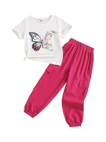 Image of Ayzozuy Kid Girl Clothes Outfits Figure Letter Graphic Tee Top + Flap Pocket Pants 2PC Clothing Set