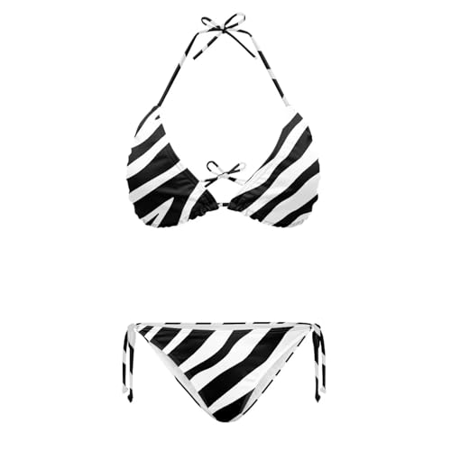 Suhoaziia Zebra Print Women's Halter Tie Side Triangle Bikini Set High Cut 2 Piece Push Up Bikini Swimsuit Backless Sexy Bathing Suit with Spaghetti Strap