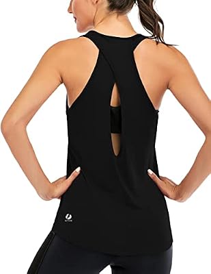 ICTIVE Womens Cross Backless Workout Tops - Racerback Open Back Athletic Sleeveless Shirts, Black, M...