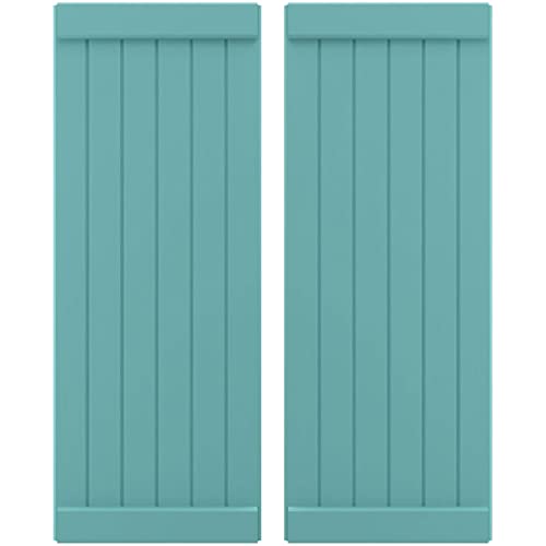 21"W x 42"H Americraft Six Board Exterior Real Wood Joined Board-n-Batten Shutters w/End Batten (Per Pair), Pure Turquoise