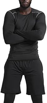 BUYJYA 5Pcs Men's Compression Pants Shirt Top Long Sleeve Jacket Athletic Sets Gym Clothing Mens Workout