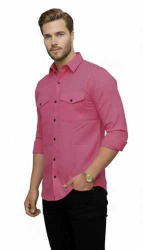 Image of DEELMO Men's Classic Cotton Blend Slim Fit Shirt || Full Sleeve Button-Down Casual Shirt with Dual Flap Pockets || Soft Breathable Fabric || Ideal for Office Party and Everyday Wear