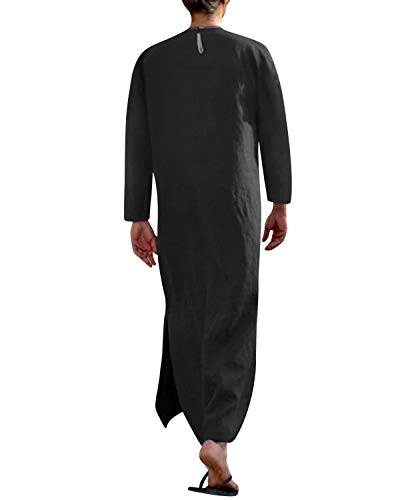 Jacansi Men's V-neck Short Sleeve Robe Side Split Kaftan Cotton Long Gown Thobe S-3XL