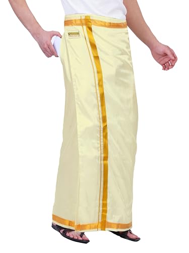 Image of PRAKASAM COTTON Double Layer 8 Mulam Velcro Pocket Dhoti for men | Mundu with Golden Jari Border, Readymade Dhoti for men, Silk Look, South Indian Veshti