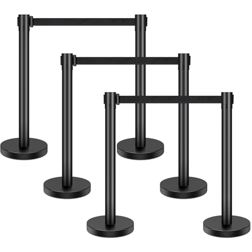 XPCARE Crowd Control Stanchion,6 Pieces Stanchion Set with 6.6ft/2 m Black Retractable Belt, Stanchion Retractable Belt Barriers, Black Crowd Control Barrier Metal Base,Easy Connect Assembly