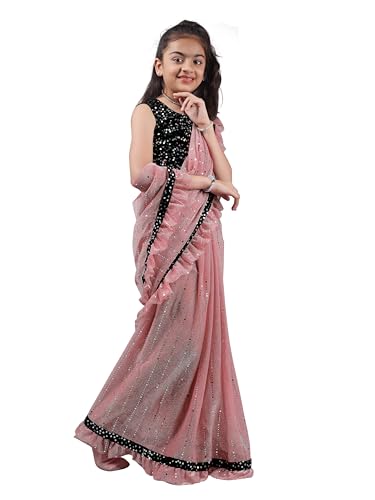 NILKANTHVARNI CREATION Kids Girls Lycra Blend Saree With Unstitched Sequence Blouse Piece (3-4 yrs to 11-12 yrs) (Pink, 10-11 Years - XL)