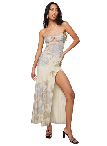 Princess Polly Kyanne High Split Maxi Dress Cream Multi at Amazon Women's Clothing store