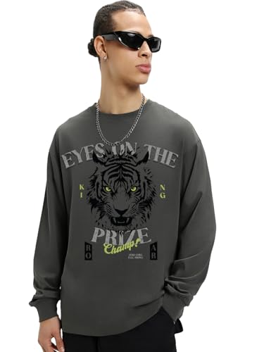 Image of Bewakoof Men's 100% Cotton Graphic Print Oversized Fit Full Sleeve Round Neck T-Shirt | Casual Wear | Street Wear | Oversized t Shirt for Men Cotton | Baggy