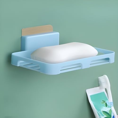 Image of Self Adhesive Soap Holder for Bathroom Wall | Plastic Soap Stand with Drain Tray | Wall Mounted Soap Dish | No Drilling Bathroom Soap Holder (Rectangular Blue 04)