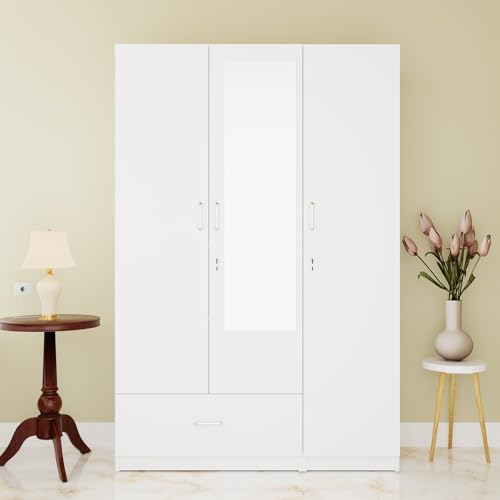 Image of VIKI Wardrobe | Wooden Almirah for 3 Door Wardrobe with 1 Drawer & Hanging Space with Mirror (Frosty White - 40D x 120W x 180.8H) | 1 Year Warranty | Free Assembly