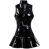 Schwarzes PVC-Latex-Kleid mit Reißverschluss vorne, Kunstleder, Kostüm, figurbetont, Partykleider, Schwarz, Größe S