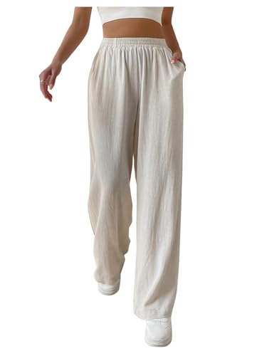 SOLY HUX Women's Casual Linen Pants Elastic High Waisted Wide Leg Long Pants Trousers with Pockets