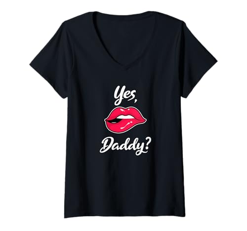 Femme Yes Daddy BDSM Sexy Lèvres Jeu de Rôle T-Shirt avec Col en V