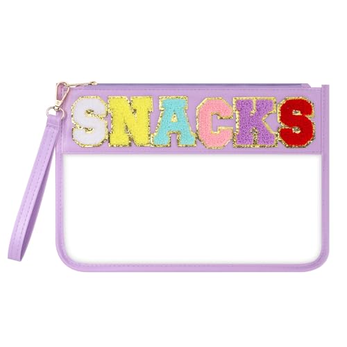 Narsikar Clear Snack Bag for Travel Chenille Letter Clear Zipper Snacks Pouch Nylon Cosmetic Bag Makeup Travel Bag for Women (Purple)