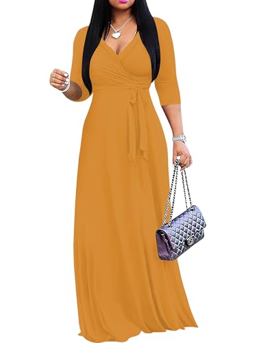 Image of PinkPatty Women's Plus Size Maxi Dresses Casual Flowy 3 /4 Sleeves Dress Printed Vacation Dress for Daily Wear with Belt