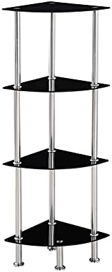 Modernique Glass Shelf Tier Storage Unit, Corner in Black or Clear Glass with Chrome Stand, Shelving Unit (Black, Tier 3)