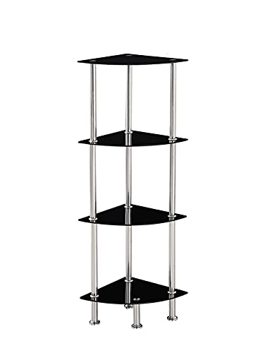 Modernique Glass Shelf Tier Storage Unit, Corner in Black or Clear Glass with Chrome Stand, Shelving Unit (Black, Tier 4)