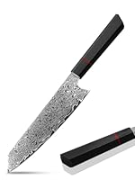 Coltello Damasco Kiritsuke Coltello da Cucina Affilato Giapponese: Coltello in Acciaio Damasco da 20 cm - Verdura, Professionale, Manico in Legno Nero