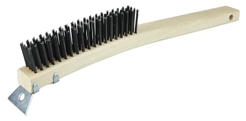 Image of Weiler 44058 0.012 inch Wire Size, 6 inch Brush Length, 14 inch X 1-1 /8 inch Block Size, 4 X 18 No. of Rows, Steel Bristles, Hardwood Block, Curved Handle Scratch Brush with Scraper, Made in The USA (Pack of 12)