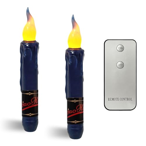 Image of Real Wax LED Flameless Navy Short Taper Candles with Remote, 6.7 Inches Candlesticks, Dripless Battery Operated Flame Rustic Primitive Flameless Lights Decor, Pack of 2