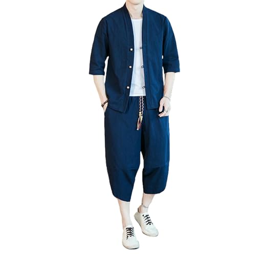 Veste d'été en coton et lin homme ensemble pantalon trois-quarts de style ancien