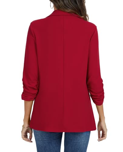 MINTLIMIT Women Notched Collar Work Office Blazer Ruched 3/4 Sleeve Pad Shoulder Lightweight Stretch Jacket with Pockets2