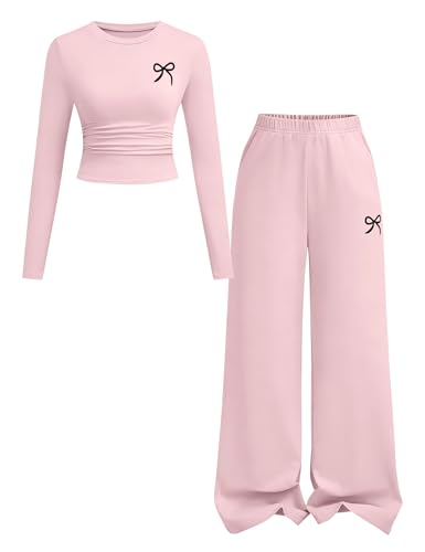 Image of Tween Girls Clothes Long Sleeve Bow Knot Print Top + Wide Leg Pants 2 Piece Outfit Set, Size 7-16 Years