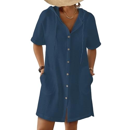Bsubseach Womens Swimsuit Cover Up Shirt Button Down Short Sleeve Bathingsuit Coverups Hooded Beach Coverup With Pockets