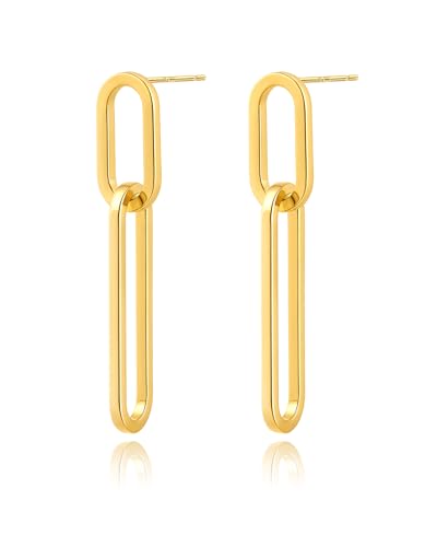 Weviway 14K Gold Plated Chain Link Dangle Earrings for Women, Double Hoop Geometric Paperclip Drop Stud Earrings, Statement Jewellery Gift