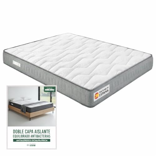 Aznar Colchón de Muelles Ensacados Pocket V Spring Firmeza Alta Adaptable Visco 2cm Confortable Doble Capa Aislante Equilibrado Antibacterias Antialérgico 22cm Alto Tamaño - 90x190cm