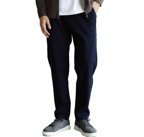 Men's Business Casual Pants, Wrinkle-Resistant Straight Fit, Navy Blue, 9/10 Length